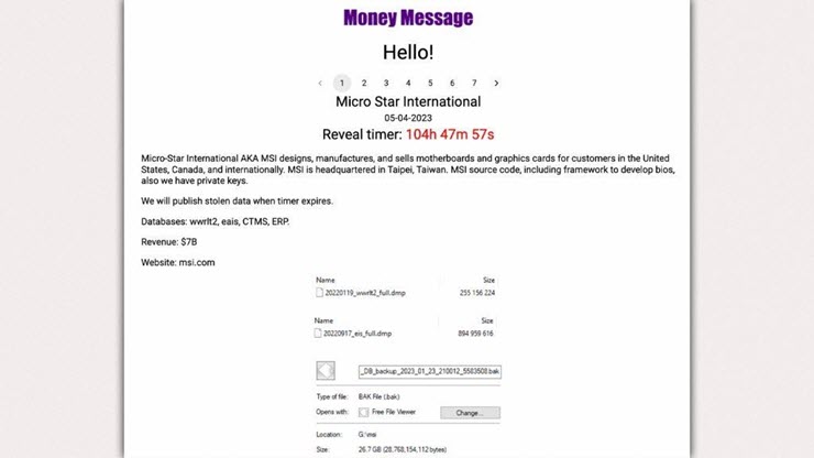 Thông báo đòi tiền chuộc của Money Message đối với MSI.