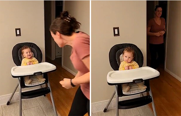 Mở đầu video, em bé đang ngồi trên ghế cao, lưng quay ra ngoài hành lang thì mẹ em bước vào phòng.