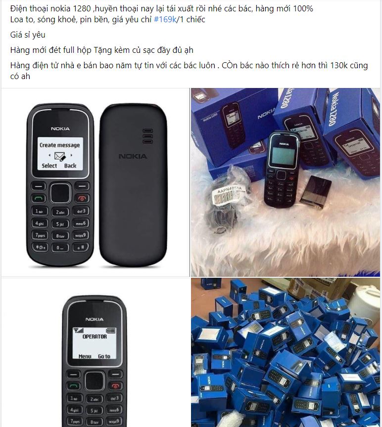 Chiếc điện thoại Nokia 1280 đang được rao bán với giá rất rẻ, bán lẻ chỉ từ 170.000 đồng/chiếc, bán sỉ giá rẻ hơn rất nhiều. Ảnh chụp màn hình.