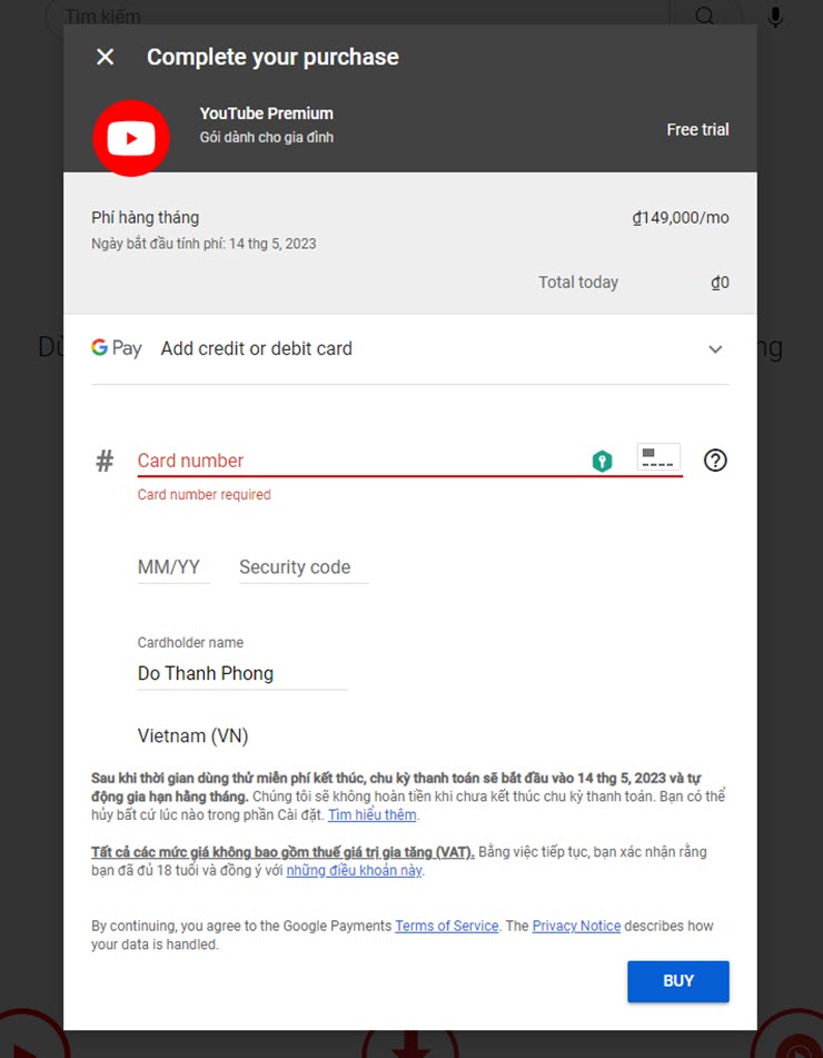 Cách đăng ký tài khoản YouTube Premium tại Việt Nam - 3