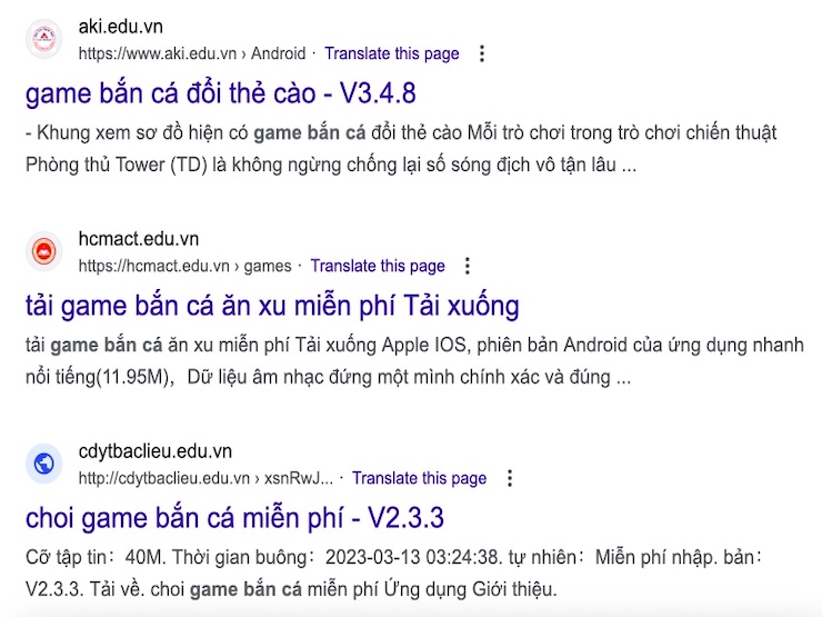 Nhiều trang web edu.vn bị nhúng link cờ bạc. (Ảnh chụp màn hình)