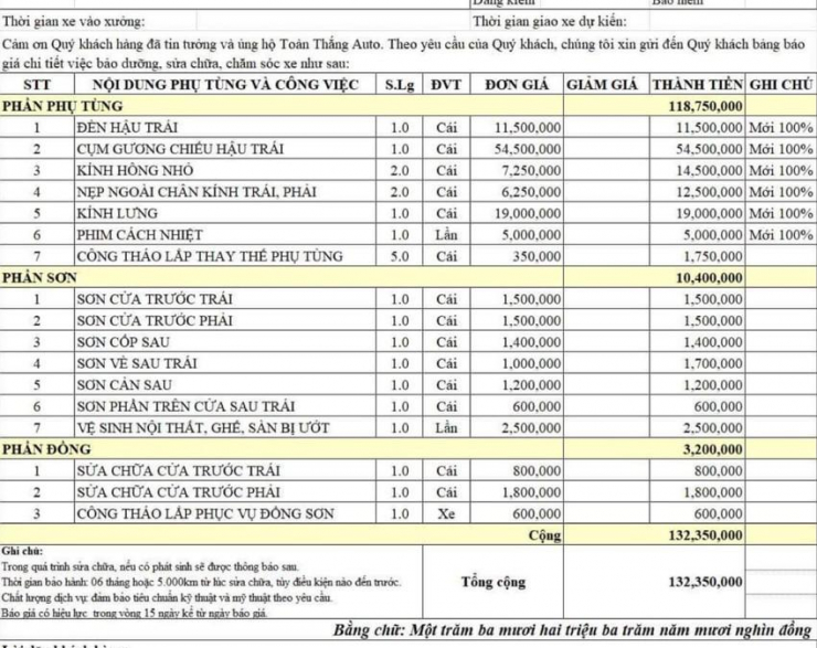 Chi phí sửa chữa chiếc xe mà chị K phải bỏ ra. Ảnh: NVCC