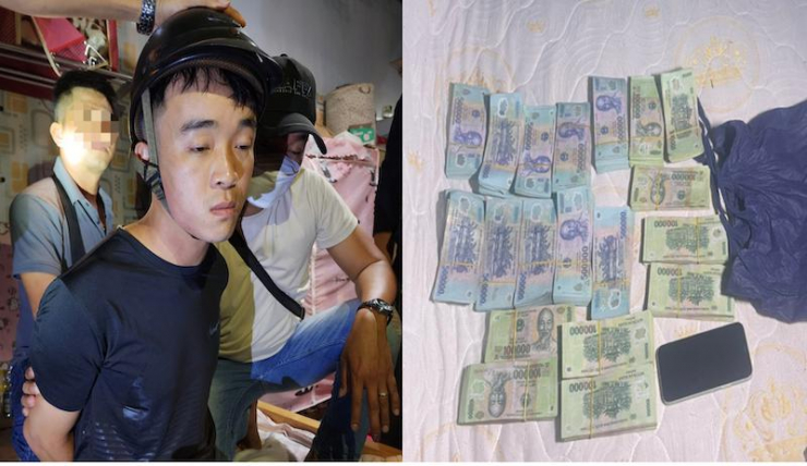 Đối tượng Lê Phú Cao và số tiền cướp được từ phòng giao dịch Vietinbank.