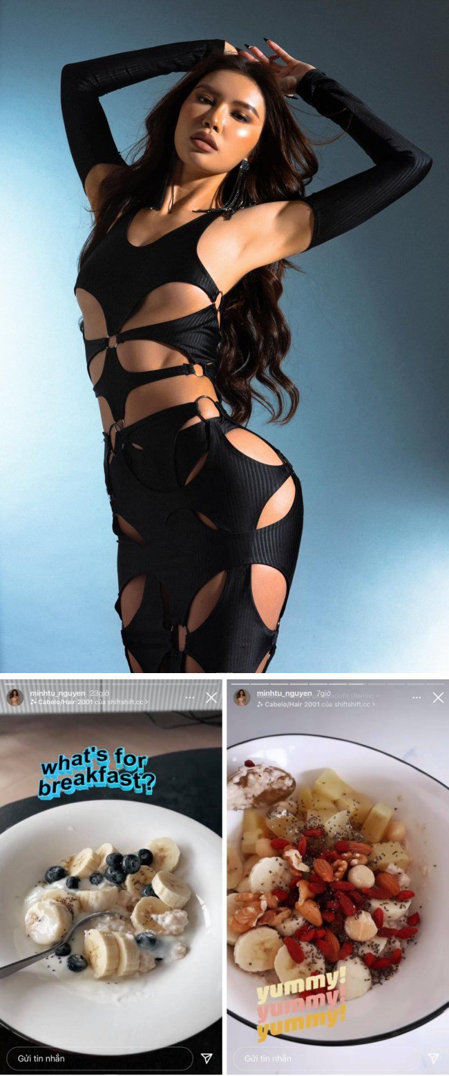 Minh Tú thú nhận mình mới gia nhập làng ăn oat meal bữa sáng, khâu chuẩn bị của cô không cầu kì nhưng xem ra rất đã mắt. Cô linh hoạt ăn yến mạch qua đêm với các loại trái cây và hạt. Khi thì việt quất, chuối; khi lại là chuối, hạt chia, hạnh nhân, óc chó, macca, táo đỏ,...