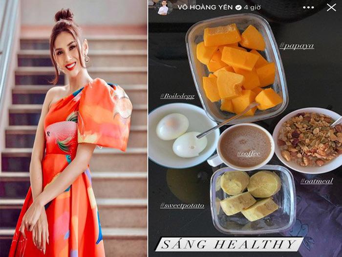 Là một siêu mẫu, Võ Hoàng Yến cũng rất nghiêm túc trong việc giữ gìn vóc dáng của mình với chế độ ăn và tập luyện khắt khe. Dinh dưỡng của yến mạch sẽ có nhiều lợi ích cho sức khỏe, đặc biệt trong khẩu phần ăn giảm cân, giữ dáng. Do đó trong các bữa ăn của Võ Hoàng Yến đều có yến mạch.