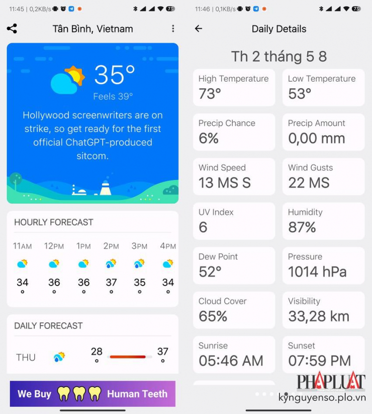 Carrot Weather cung cấp các thông tin thời tiết tổng quan, nhiệt độ, lượng mưa… Ảnh: TIỂU MINH