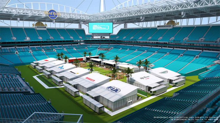 Phiên bản ‘Làng VĐV’ của F1 Miami được đặt bên trong SVĐ Hard Rock (Ảnh mô phỏng)