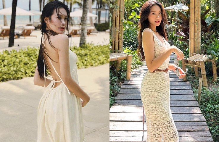 Những mẫu váy ôm sát body, tôn dáng đồng hồ cát với vòng eo siêu nhỏ, vòng 3 nảy nở&nbsp;cũng được người đẹp này thường xuyên diện khi đi biển.
