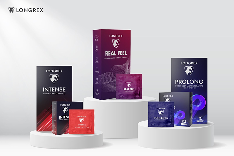 Các sản phẩm của Longrex rất đa dạng: mỏng tàng hình, thêm gân gai hay hỗ trợ kéo dài thời gian quan hệ bởi tinh chất thảo dược lành tính.