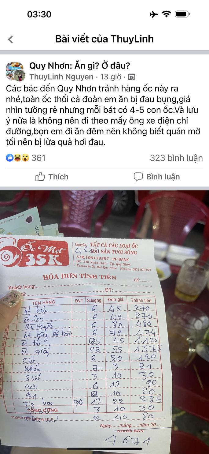 Dòng trạng thái của một du khách đăng tải trên Facebook tố quán Ốc Mẹt ở Quy Nhơn "chặt chém", bán đồ ôi thiu