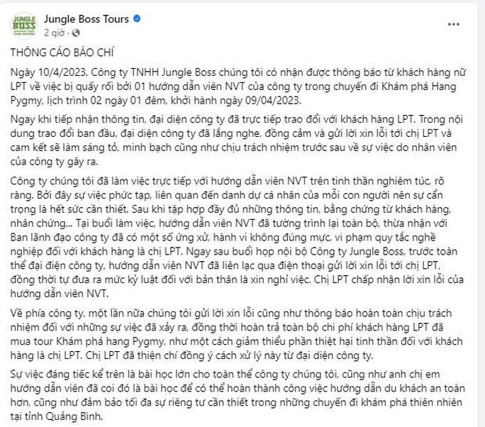 Thông cáo báo chí do Công ty Jungle Boss Tours đăng tải