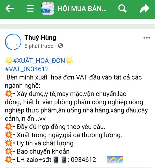 Rao bán hóa đơn điện tử khống trên mạng xã hội ảnh: PV