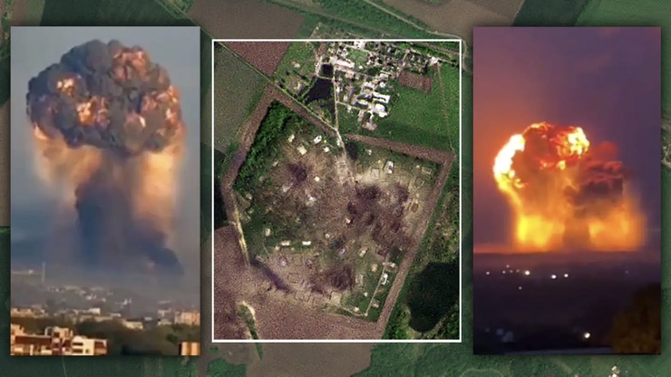 Ảnh vệ tinh (giữa) cho thấy kho đạn của quân đội Ukraine bị phá hủy trong cuộc tập kích của Nga hôm 13/5.