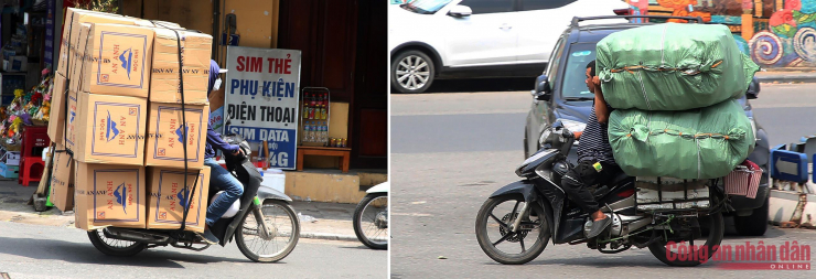 Những chiếc xe chở hàng cồng kềnh khi tham gia giao thông chủ yếu là loại xe tự chế, xe mô tô, thậm chí cả xe đạp.