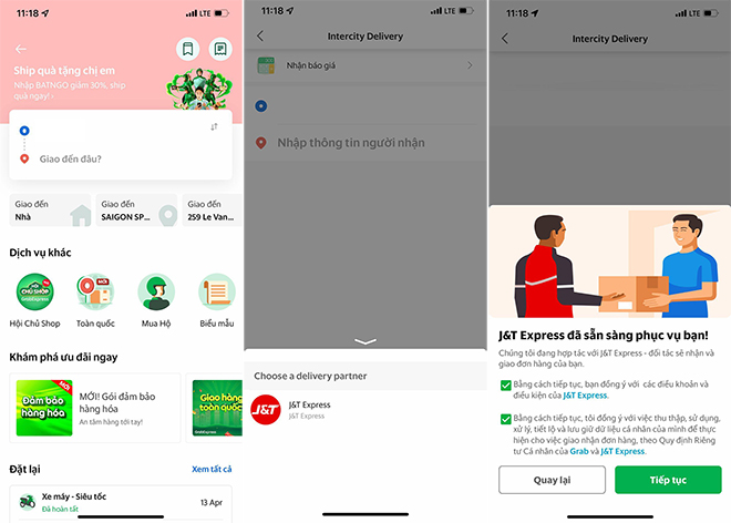 Người dùng có thể sử dụng dịch vụ giao hàng toàn quốc của J&amp;T Express trên ứng dụng Grab.