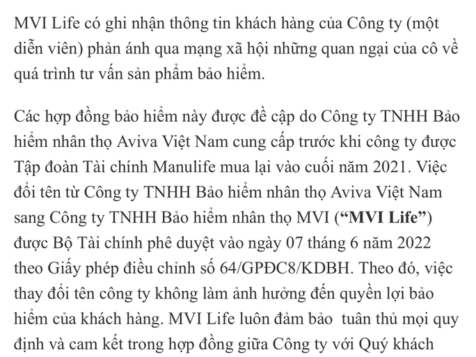 Thông cáo chính thức của MVI Life về hợp đồng bảo hiểm của diễn viên Ngọc Lan.