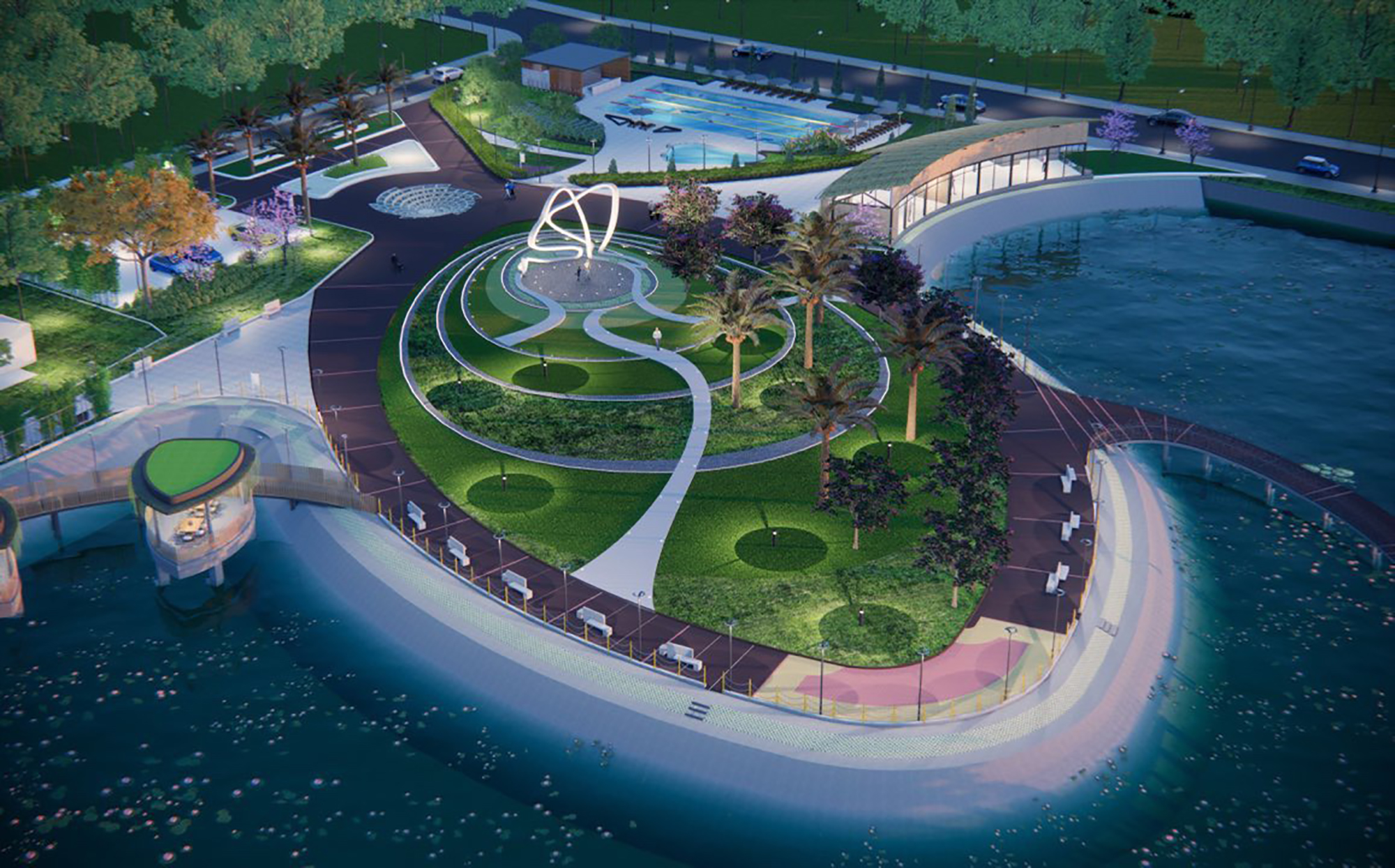 Công viên có các phân khu chính như khu quảng trường đường đạo diện tích hơn 5.500m2, quảng trường mặt nước, khu hội quán, vườn hoa, khu ngắm cảnh, nhà thuỷ tạ,...