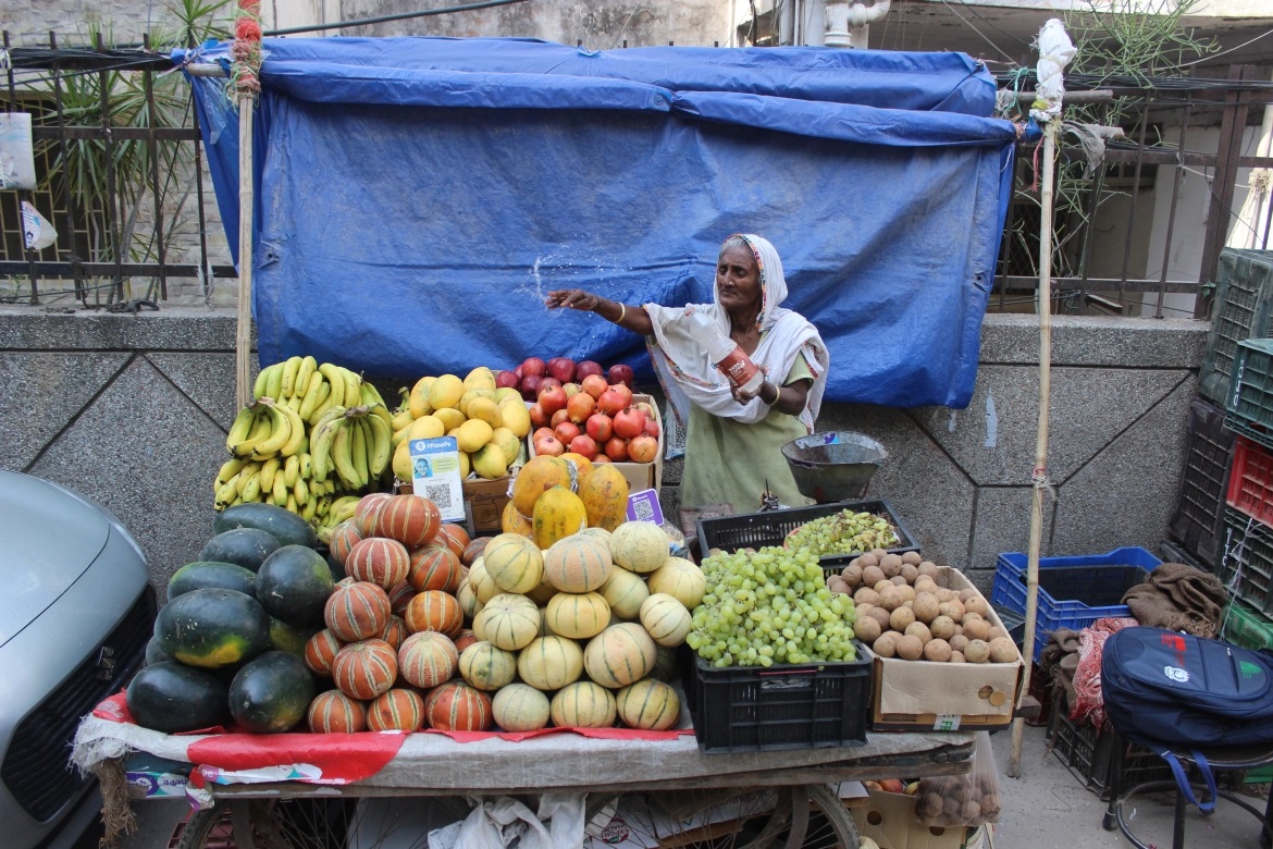   Bà Prema Devi, 70 tuổi, là người buôn bán trái cây nhiều năm ở thành phố New Delhi. Bà phải thường xuyên vẩy nước vào hoa quả để giữ cho chúng còn tươi trong cái nắng như thiêu như  đốt.“Thật khó để giữ chúng khỏi héo. Tôi phải giảm số hoa quả bày bán. Tôi cũng phải giảm giờ bán vì không chịu nổi nắng nóng”, bà Prema nói. (ảnh: Aljazeera) 