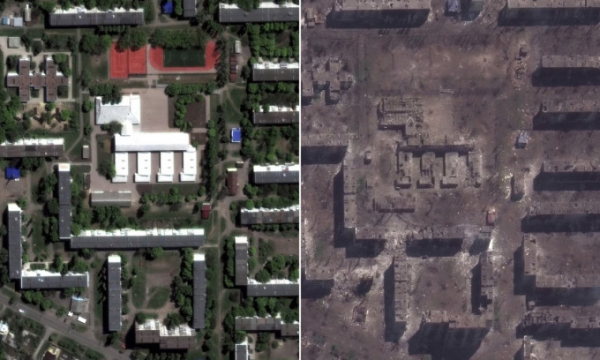 Các công trình bị hư hại, cây xanh cháy xém ở Bakhmut sau nhiều tháng giao tranh. Ảnh: MAXAR