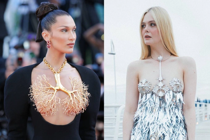 Bộ đầm Elle Fanning mặc gợi nhớ lại bộ đầm Bella Hadid từng mặc ở Cannes hồi năm 2021.&nbsp;