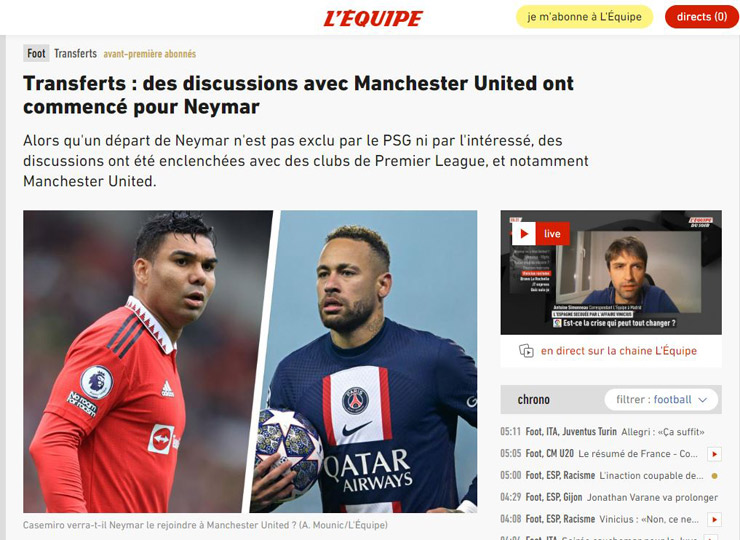 L'Equipe khẳng định Neymar đã bắt đầu thương thảo với một số CLB Premier League, bao gồm cả MU
