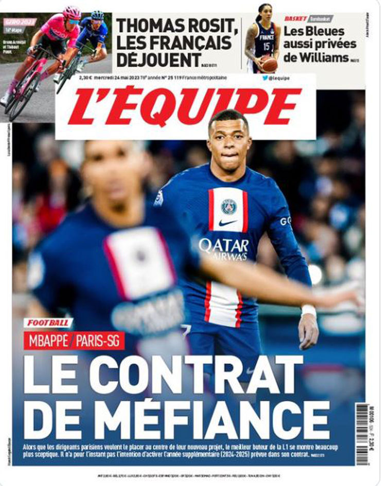 Tờ L'Equipe số ra hôm nay khẳng định Mbappe sẽ không kích hoạt điều khoản gia hạn 1 năm hợp đồng với PSG