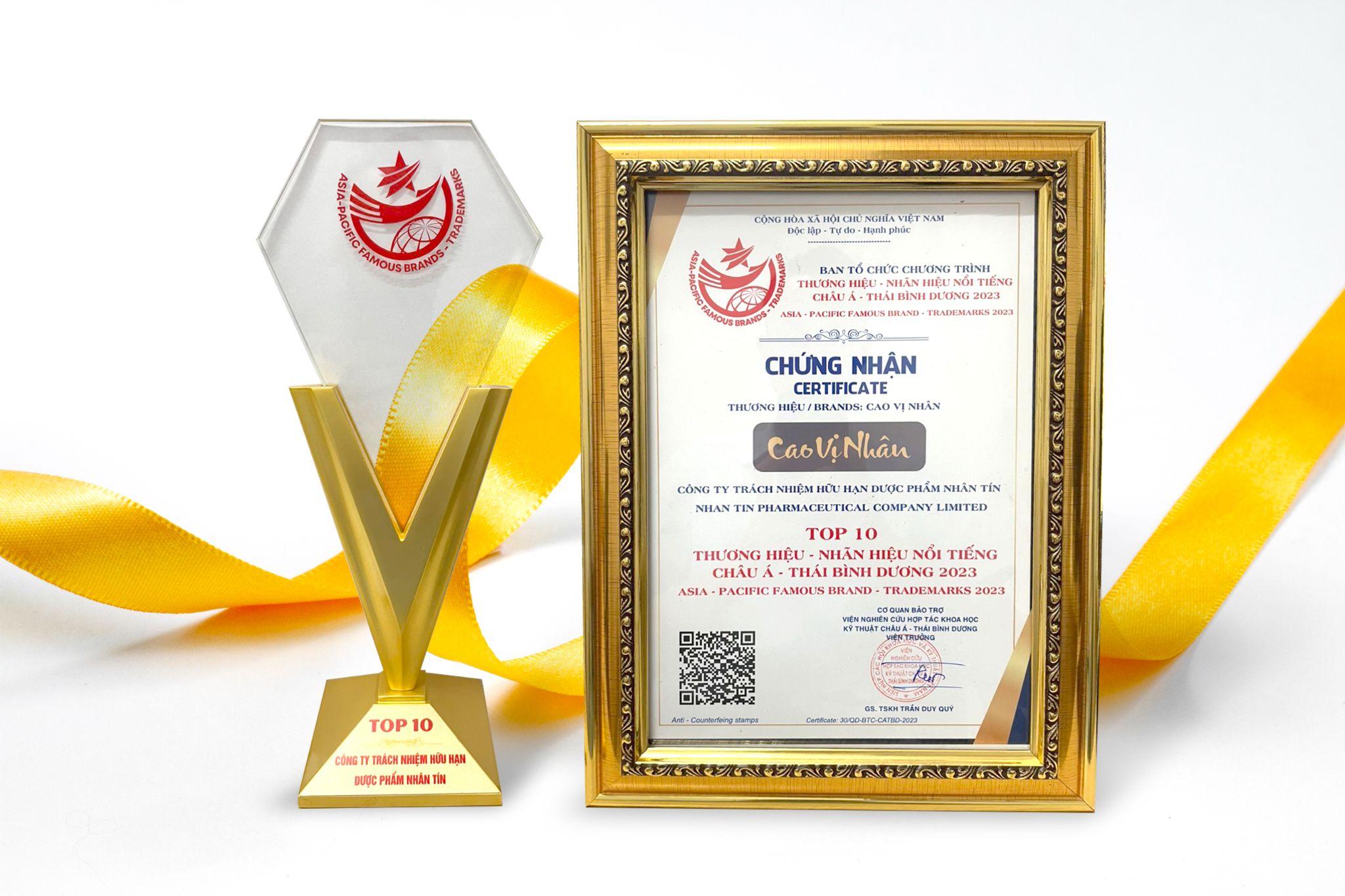 Cao Vị Nhân được vinh danh Top 10 Thương hiệu nhãn hiệu nổi tiếng châu Á - Thái Bình Dương 2023 - 2