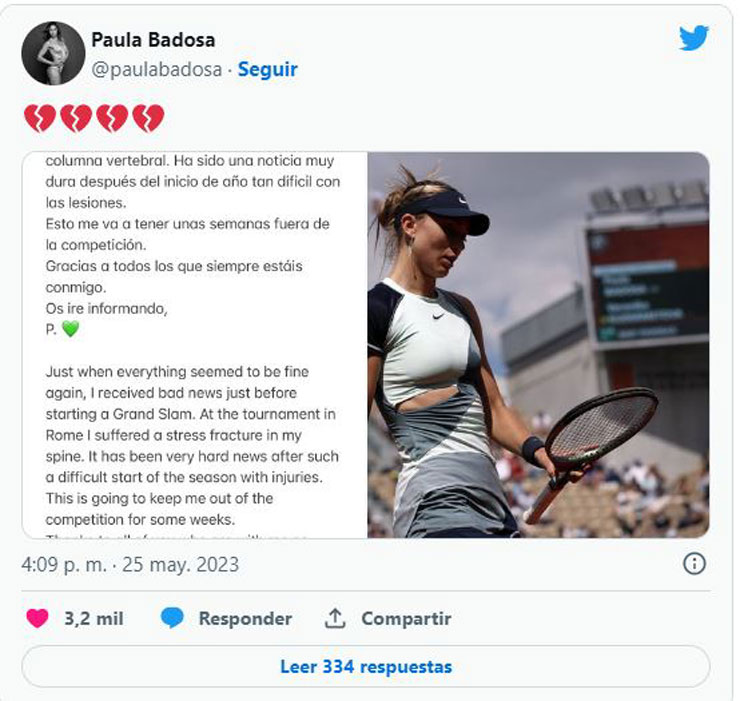 Trên trang Twitter cá nhân, Paula Badosa xác nhận sớm phải rút lui khỏi Roland Garros 2023
