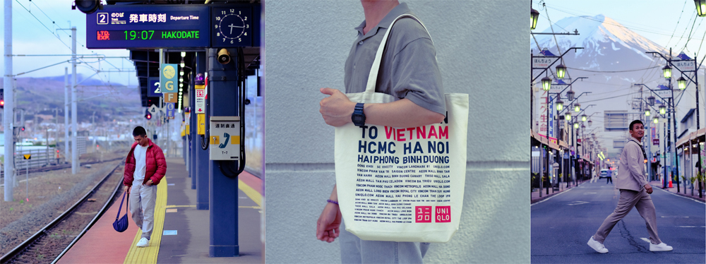 Có thể thấy, những bộ trang phục chỉ đơn giản là áo thun, áo khoác kiểu sơ mi dáng rộng (giữa) hay áo khoác Ultra Light Down siêu nhẹ (phải) cùng chiếc túi mini bán nguyệt hay túi vải phiên bản giới hạn đủ để toát lên vẻ phóng khoáng của anh chàng.