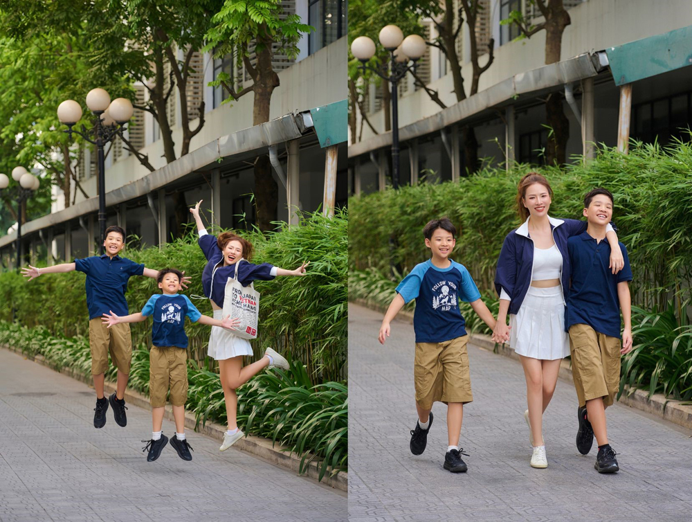 Nữ diễn viên - MC Đan Lê diện outfits năng động mùa hè tone sur tone cùng hai cậu con trai. Cô nàng diện áo bra top, áo khoác ngoài cùng chân váy mini xếp ly. Với bà mẹ hai con thì sự tiện lợi của chiếc túi đựng được cả thế giới của UNIQLO là rất cần thiết. Hai nhóc tỳ nhà Đan Lê diện áo thun AIRism họa tiết, áo polo vải pique cùng quần short. Đây hẳn là một gợi ý cho mùa hè năng động cùng gia đình đáng để lưu lại và áp dụng ngay và luôn.