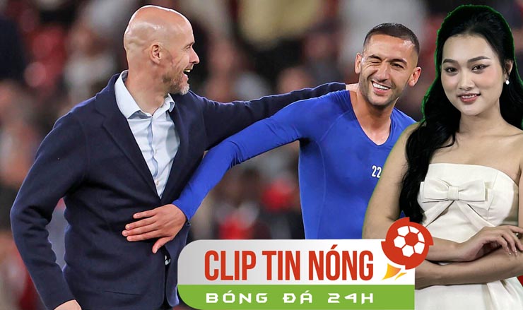 HLV Ten Hag và Ziyech trò chuyện sau trận MU thắng Chelsea