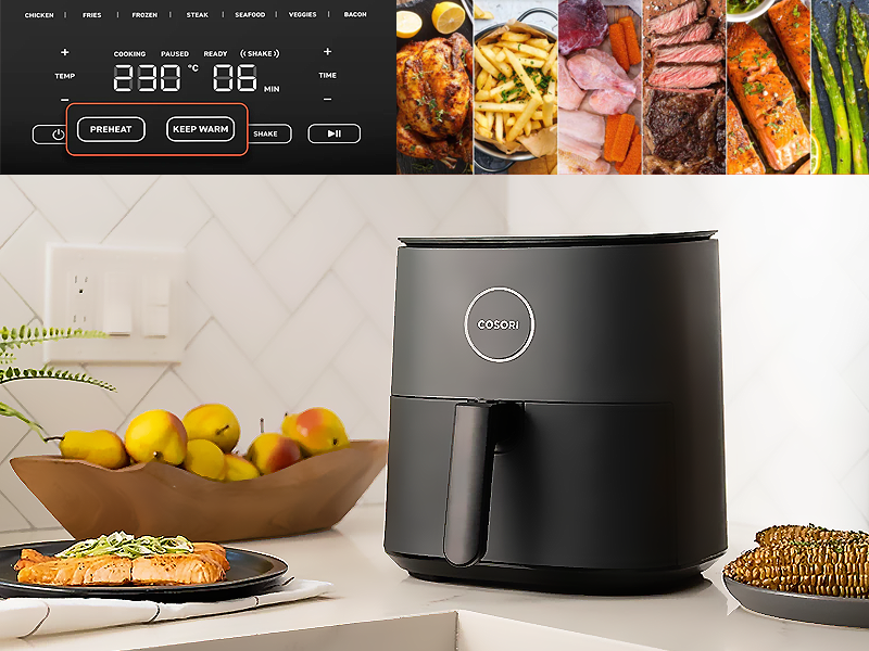 Nồi chiên Cosori có màu xám đen và kiểu dáng bo góc thanh lịch.