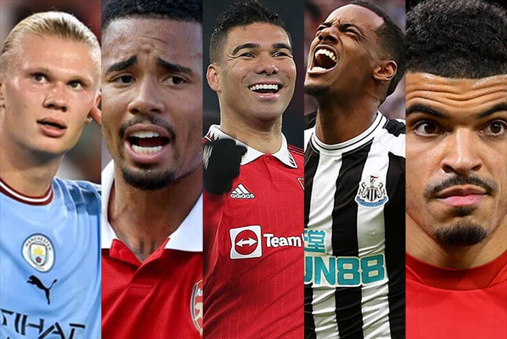 Từ trái sang: Haaland - Jesus - Casemiro - Isak - Gibbs-White