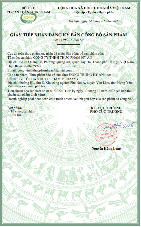 &nbsp;Sản phẩm được đăng ký công bố bởi Bộ y tế – Cục an toàn thực phẩm