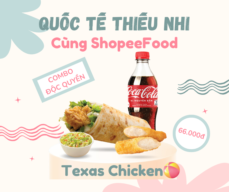 Từ 1/6, Texas Chicken khao cả nhà combo độc quyền 66.000 đồng gồm 1 bánh cuộn gà không xương, 1 thanh cá giòn tan, 1 bắp cải trộn cỡ tiêu chuẩn, 1 chai nước ngọt 390ml. Ngoài ra, khi áp dụng mã TEXAS100, bạn sẽ được giảm thêm 100.000 đồng cho đơn từ 299.000 đồng.