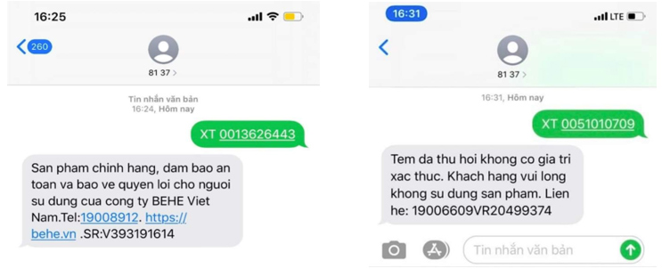 Tin nhắn xác thực sản phẩm chính hãng - không chính hãng của BEHE Việt Nam