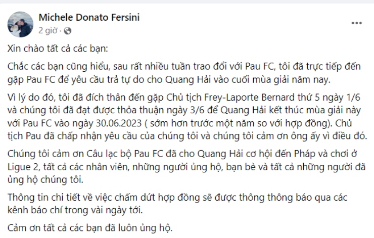 Fersini Michele Donato, người đại diện của Quang Hải thông báo cầu thủ 26 tuổi đã đạt thỏa thuận rời Pau FC