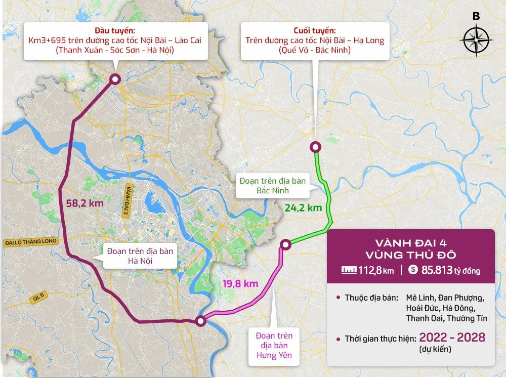 Đường Vành đai 4 kết nối các đô thị liên vùng Hà Nội - Hưng Yên - Bắc Ninh