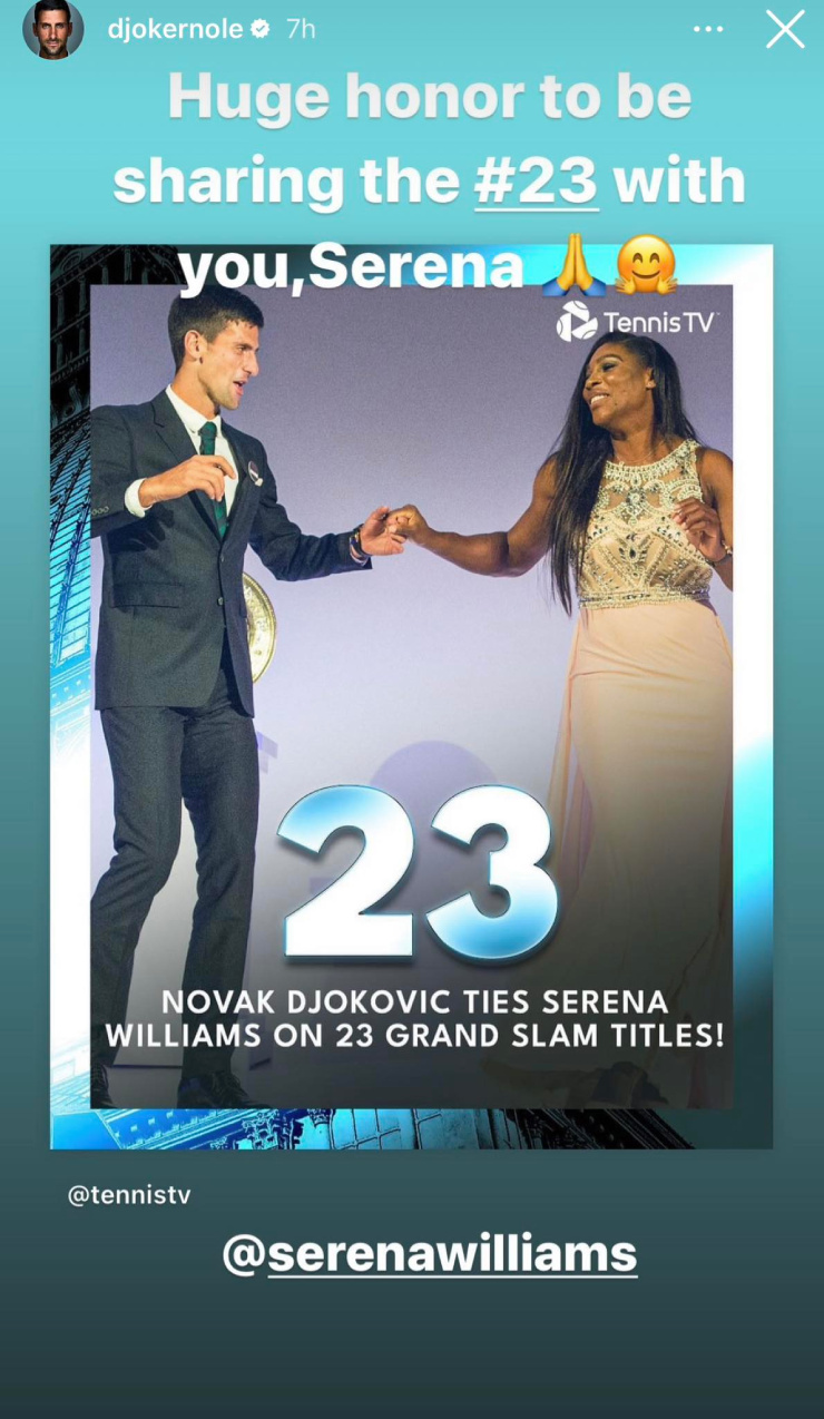 Djokovic bày tỏ sự vinh hạnh khi được đứng "chung mâm" với Serena