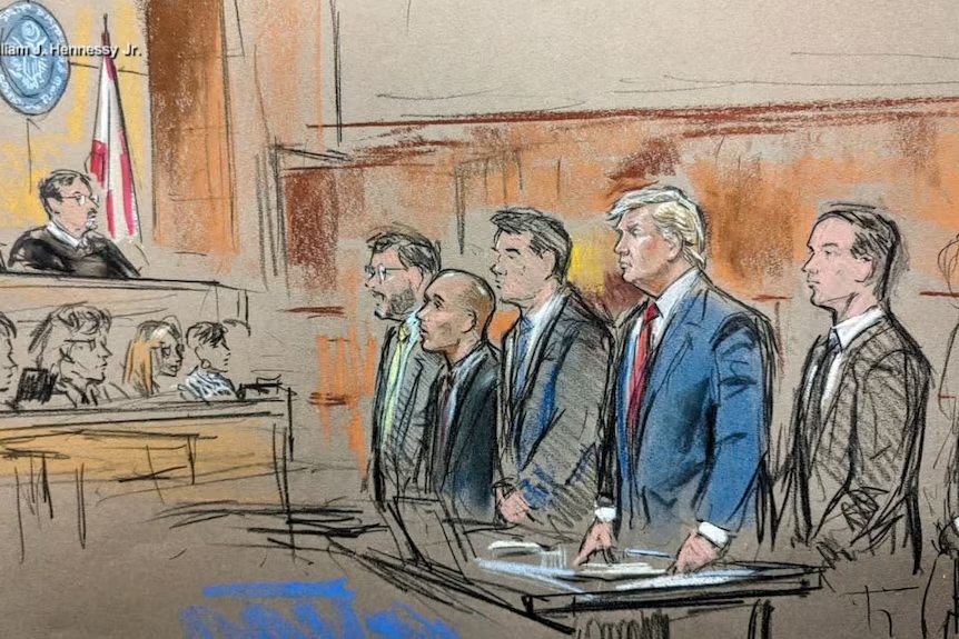 Tranh vẽ ông Trump trong phiên tòa nhà 13/6 (ảnh: Reuters)