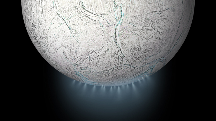 Enceladus và các luồng hơi nước mang dấu hiệu sự sống - Ảnh: NASA