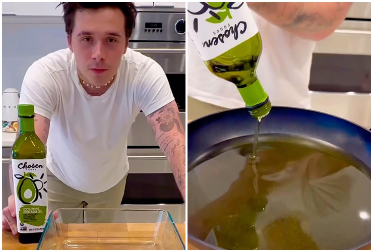 Brooklyn gây choáng khi đổ hết chai dầu ăn vào chảo.