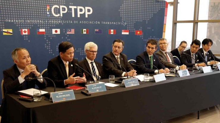 Đại diện của các nước thành viên CPTPP trong một cuộc họp báo ở Santiago, Chile vào năm 2019. Ảnh: REUTERS