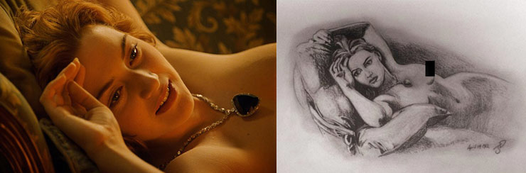 Hình ảnh Kate Winslet khỏa thân làm người mẫu trong "Titanic" và bức tranh vẽ nàng Rose ẩn giấu một sự thật.
