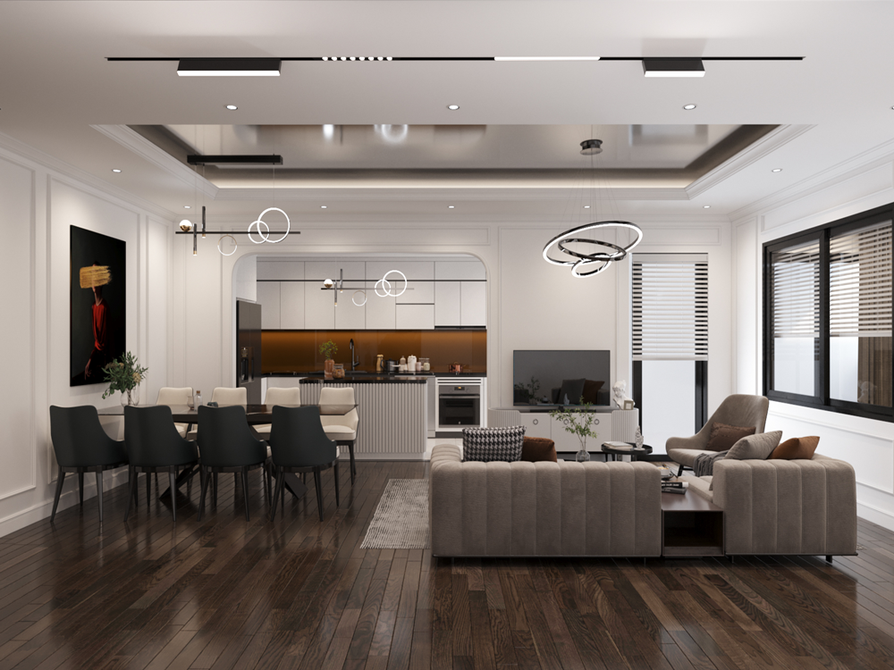 Căn mẫu “biệt thự trên không” tại Tecco Garden được thiết kế theo phong cách tân cổ điển kết hợp hiện đại