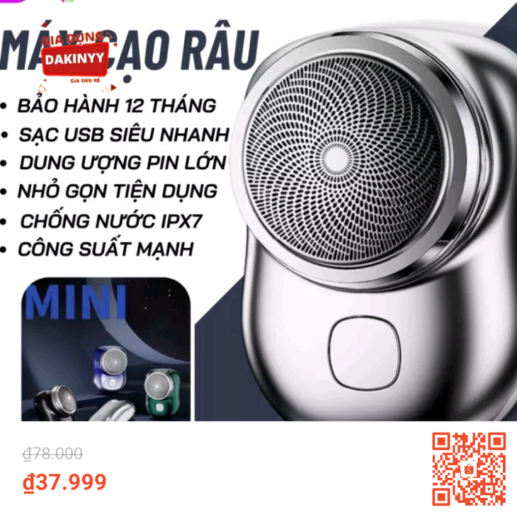 Máy cạo râu mini kép tự mài, dao cạo râu điện 360 chống nước IP7, sạc USB, được rao bán giá chỉ 37.990 đồng trên Shopee.