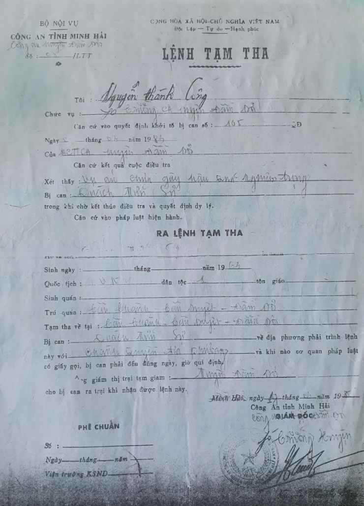 Lệnh tạm tha của ông Sự.