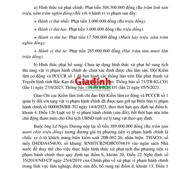Toàn bộ số tiền vi phạm của đối tượng Lê Ngọc Dương nộp là tiền 389.000.000 đồng.