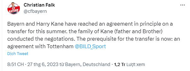 Nhà báo&nbsp;Christian Falk tiết lộ Bayern Munich và Harry Kane đã đạt thỏa thuận cá nhân về vụ chuyển nhượng tiền đạo này