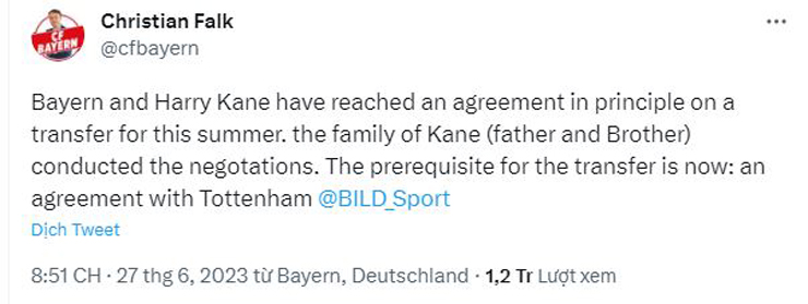 Nhà báo&nbsp;Christian Falk tiết lộ Bayern Munich và Harry Kane đã đạt thỏa thuận cá nhân về vụ chuyển nhượng tiền đạo này